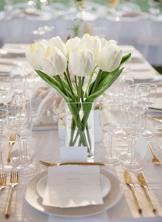 Briful Fake Flowers Artificial Tulip Flower White in Clear Vase, Real Touch Foam Tulip Arrangement Suitable for Home Office Decoration, Dining Table Centerpiece - Image 3